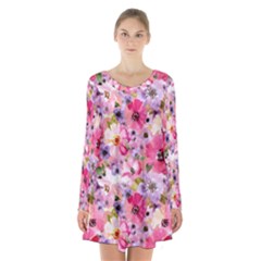 Pattern Seamless Texture Daisies Long Sleeve Velvet V-neck Dress