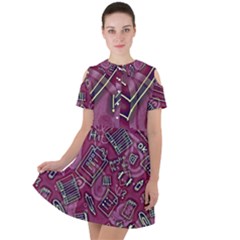 Abstract Art Pattern Design Background Short Sleeve Shoulder Cut Out Dress 