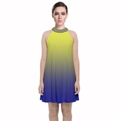 Electric Yellow To Navy Blue Linear Gradient Velvet Halter Neckline Dress 