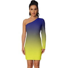 Navy Blue To Electric Yellow Linear Gradient Long Sleeve One Shoulder Mini Dress