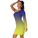 Navy Blue To Electric Yellow Linear Gradient Long Sleeve One Shoulder Mini Dress View2
