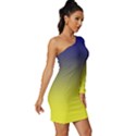 Navy Blue To Electric Yellow Linear Gradient Long Sleeve One Shoulder Mini Dress View3