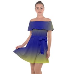 Electric Yellow To Navy Blue Bilinear Gradient Off Shoulder Velour Dress