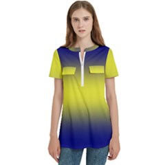 Navy Blue To Electric Yellow Bilinear Gradient Women s Zip Front V-neck Short Sleeve Casual Top Pocket Shirt