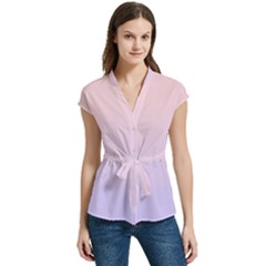 Pale Pink To Pale Violet Linear Gradient Women s Cap Sleeve Mandarin Collar Waist Tie Blouse