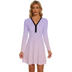 Pale Violet To Pale Pink Linear Gradient Long Sleeve Deep V Mini Dress 