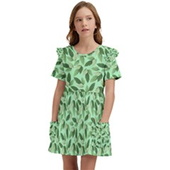 Leaves Pattern Texture Seamless Kids  Frilly Sleeves Pocket Dress