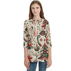 Christmas Tree Snow Women s Zip Front V-neck 3/4 Sleeve Casual Top Pocket Shirt