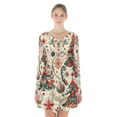 Christmas Tree Snow Long Sleeve Velvet V-neck Dress