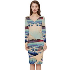 Wave Japanese Mount Fuji Ocean Long Sleeve V-neck Bodycon Dress 