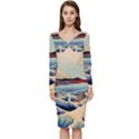 Wave Japanese Mount Fuji Ocean Long Sleeve V-Neck Bodycon Dress  View1