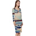 Wave Japanese Mount Fuji Ocean Long Sleeve V-Neck Bodycon Dress  View3