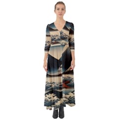 Hokusai Moutains Japan Button Up Boho Maxi Dress