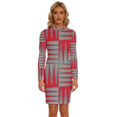 Zigzag Pattern Chevron Red Long Sleeve Shirt Collar Bodycon Dress