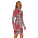 Zigzag Pattern Chevron Red Long Sleeve Shirt Collar Bodycon Dress View3