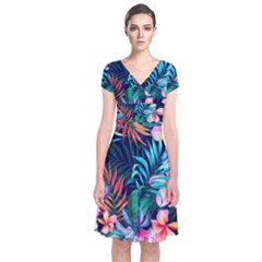 Hawaiian Flowers Hawaii Short Sleeve Front Wrap Dress