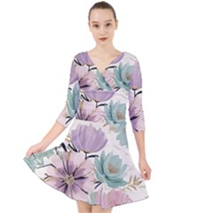 Flowers Pattern Floral Quarter Sleeve Front Wrap Dress