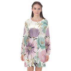 Flowers Pattern Floral Long Sleeve Chiffon Shift Dress 