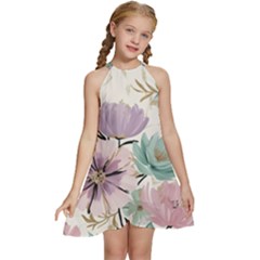 Flowers Pattern Floral Kids  Halter Collar Waist Tie Chiffon Dress