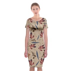 Leaves Pattern Teal Seamless Fall Classic Short Sleeve Midi Dress