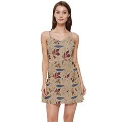 Leaves Pattern Teal Seamless Fall Short Frill Dress