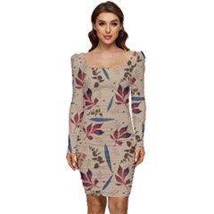 Leaves Pattern Teal Seamless Fall Women Long Sleeve Ruched Stretch Jersey Dress