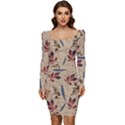 Leaves Pattern Teal Seamless Fall Women Long Sleeve Ruched Stretch Jersey Dress View1