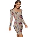 Leaves Pattern Teal Seamless Fall Women Long Sleeve Ruched Stretch Jersey Dress View2