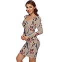 Leaves Pattern Teal Seamless Fall Women Long Sleeve Ruched Stretch Jersey Dress View3