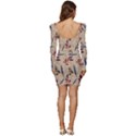 Leaves Pattern Teal Seamless Fall Women Long Sleeve Ruched Stretch Jersey Dress View4