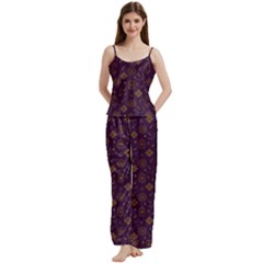 Moon Stars Pattern Spaghetti Top Long Pants Satin Pajamas Set