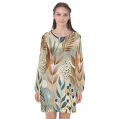 Leaves Pattern Flora Long Sleeve Chiffon Shift Dress 