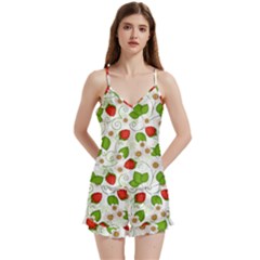 Strawberry Fruit Pattern Leaves V-neck Satin Loungewear Set