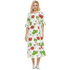Strawberry Fruit Pattern Leaves Double Cuff Midi Dress