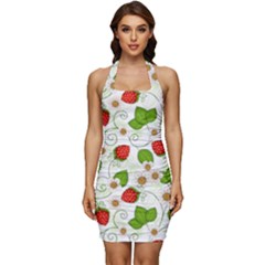 Strawberry Fruit Pattern Leaves Sleeveless Wide Square Neckline Ruched Bodycon Dress