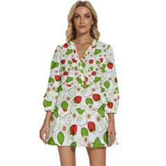 Strawberry Fruit Pattern Leaves V-neck Placket Mini Dress