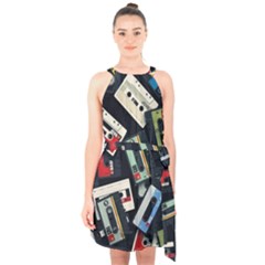 Abstract Case Halter Collar Waist Tie Chiffon Dress