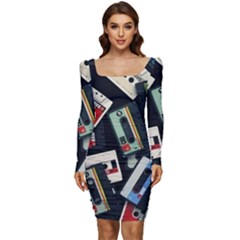 Abstract Case Women Long Sleeve Ruched Stretch Jersey Dress