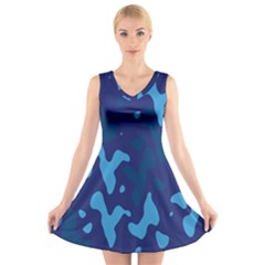 Blue Camouflage Pattern V-neck Sleeveless Dress