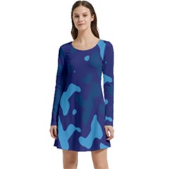 Blue Camouflage Pattern Long Sleeve Velour Skater Dress