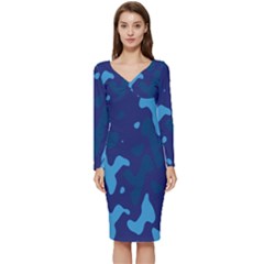 Blue Camouflage Pattern Long Sleeve V-neck Bodycon Dress 