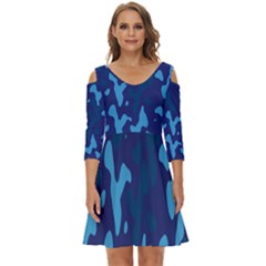 Blue Camouflage Pattern Shoulder Cut Out Zip Up Dress
