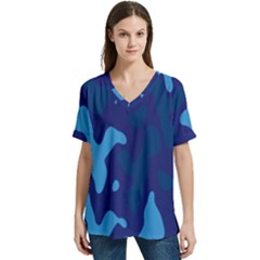 Blue Camouflage Pattern V-neck Split Shoulder Casual T-shirt