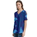 Blue Camouflage Pattern V-Neck Split Shoulder Casual T-Shirt View2