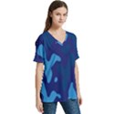 Blue Camouflage Pattern V-Neck Split Shoulder Casual T-Shirt View3