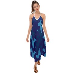 Blue Camouflage Pattern Halter Tie Back Dress 
