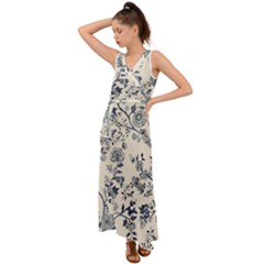 Blue Vintage Background V-neck Chiffon Maxi Dress