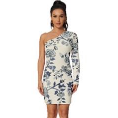 Blue Vintage Background Long Sleeve One Shoulder Mini Dress