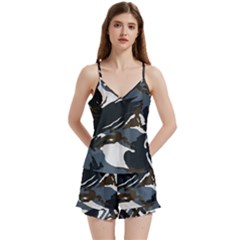 Blue Winter Camouflage, Military Camouflage V-neck Satin Loungewear Set
