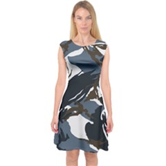 Blue Winter Camouflage, Military Camouflage Capsleeve Midi Dress